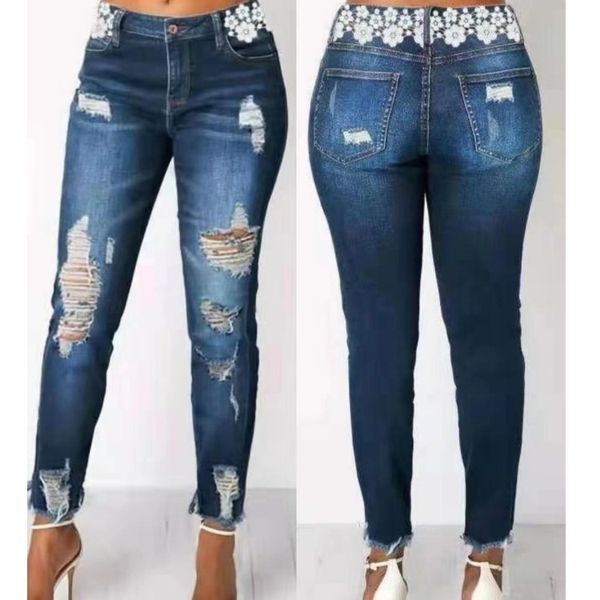

fashion jeans for women versatile lace hole jeans women's fashion, Blue