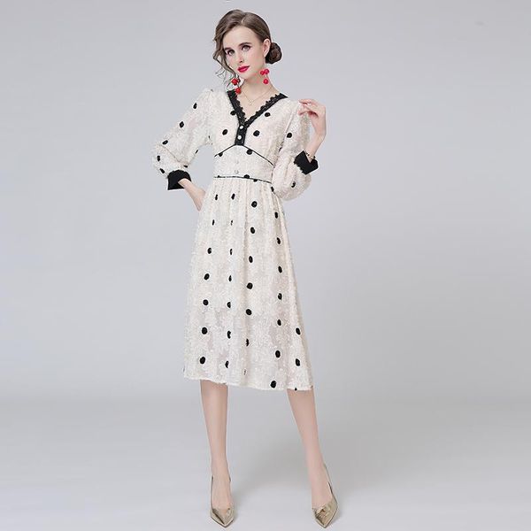 

casual dresses spring and autumn women's mid-length v-neck temperament waist slim-fit chic flocking polka dot long-sleeve dress, Black;gray