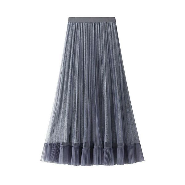 

women leisure irregular tulle mesh skirt holiday elastic waist casual loose pleated long skirts, Black