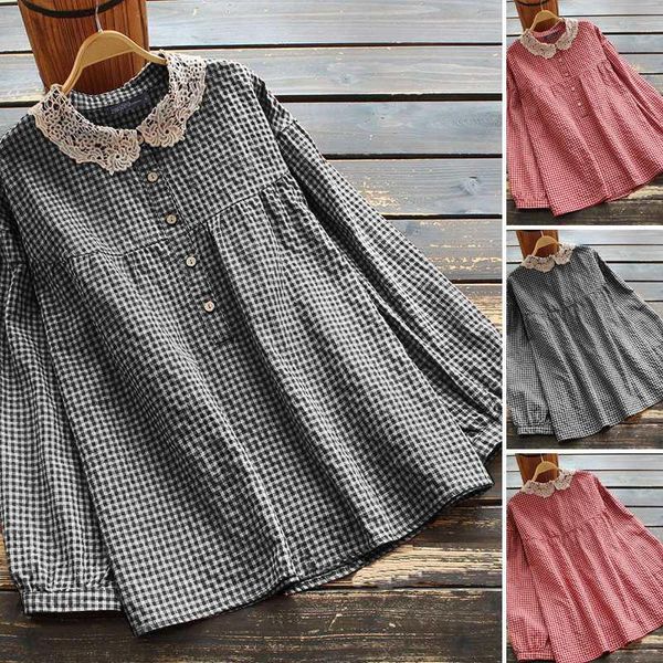 

women's blouses & shirts plaid autumn blouse 2021 button long sleeve check blusas female lace patchwork oversized plus size, White