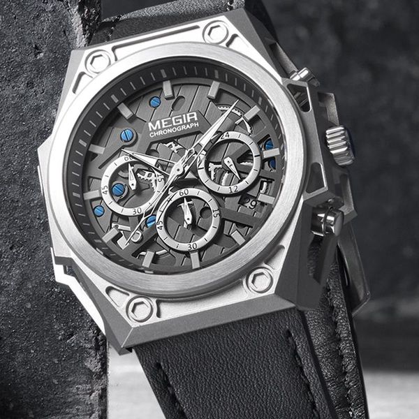 

luxury chronograph quartz watch men multi-functional leather band watches date luminous cool military sport clock for male reloj wristwatche, Slivery;brown