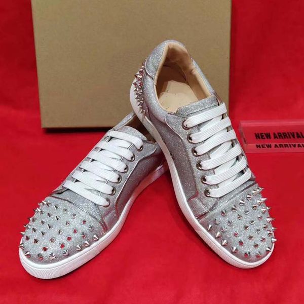 

red bottoms men women designer shoes leather loafers luxury sneakers mens shoe rivet cowhide casual silver size 34-46 with box, Black