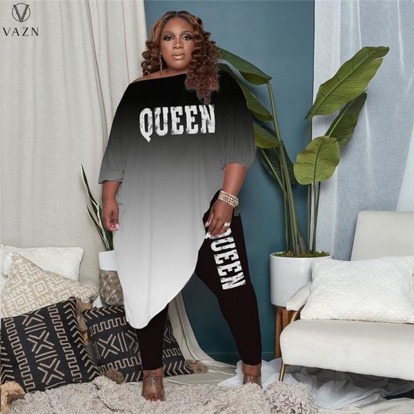 

women's two piece pants vazn 2021 women suit street casual style sets long sleeve round neck elastic printed 2, White
