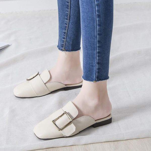 

plus size metal buckle strap square toe slides female mules shoes fashion summer outdoor casual slip-on women flat slippers, Black
