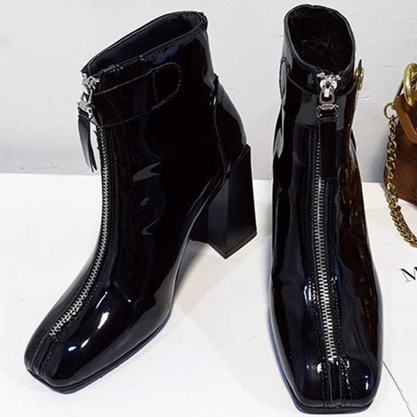 

boots 2021 middle zip women glossy vintage shoes woman chic fashion ankle female botas zapatos mujer, Black