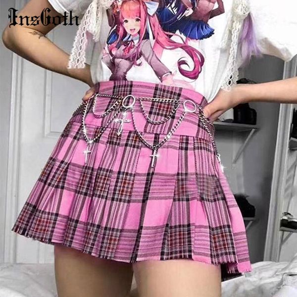 

insgoth mall goth black pink skirt y2k e girl punk high waist plaid skirts harajuku streetwear chic pleated a line mini skirts