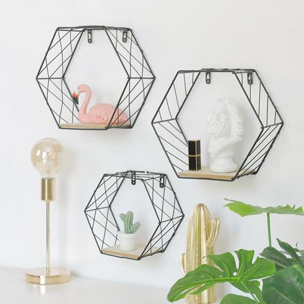 

iron hexagonal grid wall shelf combination hanging geometric figure decoration for living room bedroom other home decor