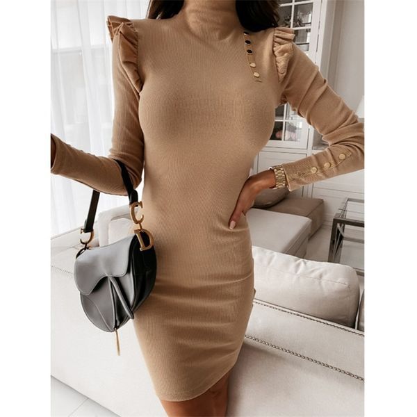 

autumn women knitted dress long sleeve bodycon ruffle turtleneck sweater pencil 210513, Black;gray
