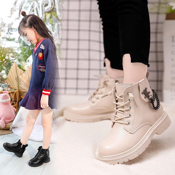 

boots style children' chain decoration casual sports convenient zipper girls leather comfortable non-slip sneakers, Black;grey