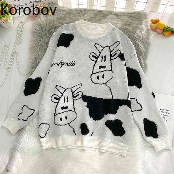 

korobov vintage o neck long sleeve women sweaters korean hit color patchwork sueter mujer new cartoon jumper femme 210430, White;black