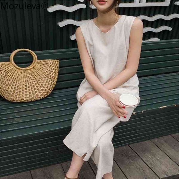 

summer women sets 2 piece ankle-length wide pants elastic waist cotton and linen split pockets suit femme 210416, White