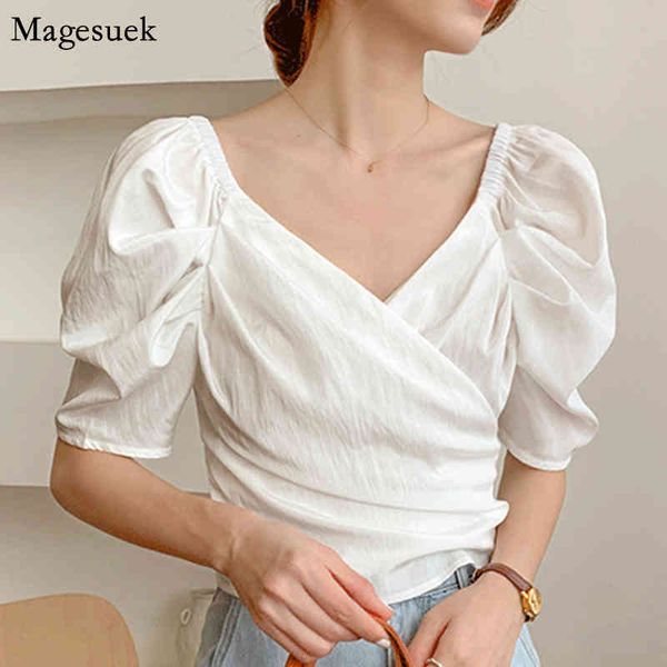 Coreano Lace-up Verão V-Neck Chic Camisa Mulheres Puff Manga Curta Sólida Mulher Blusas Casuais Chiffon Tops Blusas Femme 14277 210518