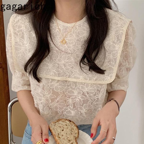 

women's blouses & shirts gagarich woman blouse korean chic summer ins gentle navy collar heavy embroidery lace crochet loose puff sleev, White