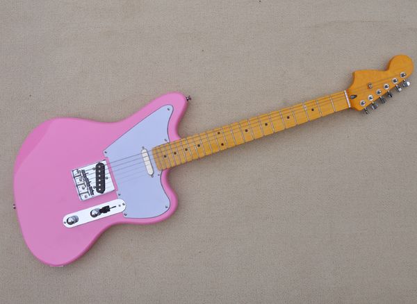

pink electric guitar with white pickguard,yellow maple fretboard,can be customized