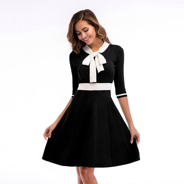

party dresses 2021autumn large waist bow middle sleeve knitted dress, White;black