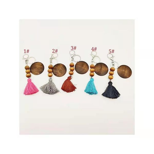 

customized foreign trade beaded wooden bead keychain can be printed round and cotton tassel pendant key ring multi-color optional, Silver
