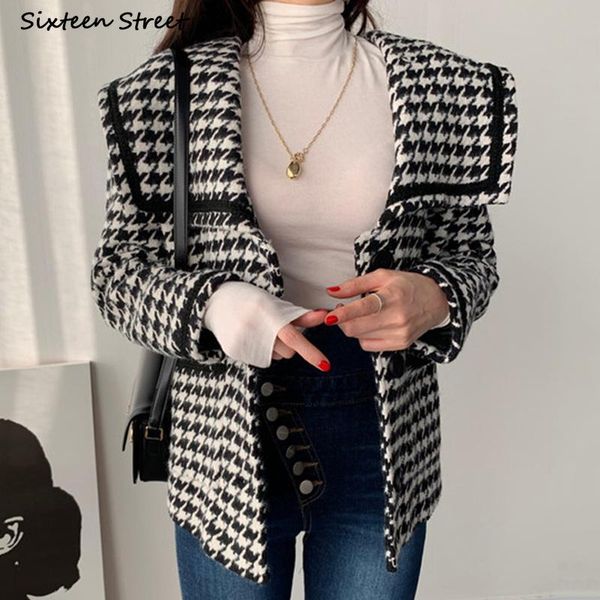 

women's wool & blends vintage cardigan houndstooth woolen coat women autumn winter 2021 single breasted jacket korean fashion clothing, Black
