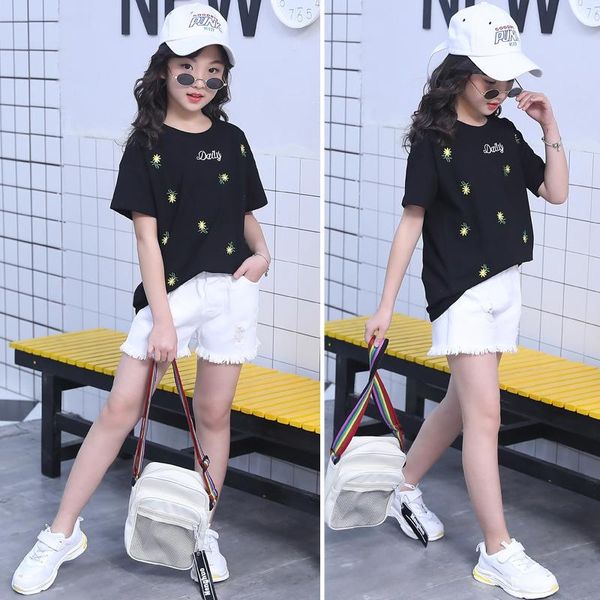 

clothing sets zwf806 summer girls two piece suit fashion embroidered t-shirt shorts school style children's 4 5 6 7 8 9 10 ages, White