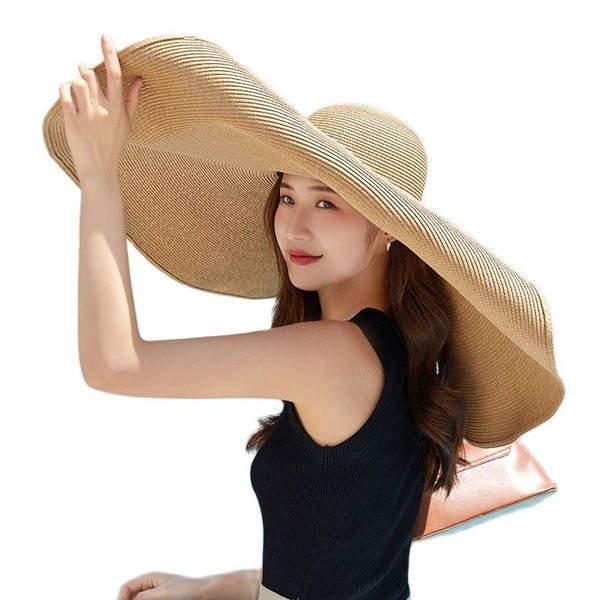 

wide brim hats summer gir ins 25cm large sun hat caps visor women outdoor holiday beach straw floppy sunscreen, Blue;gray