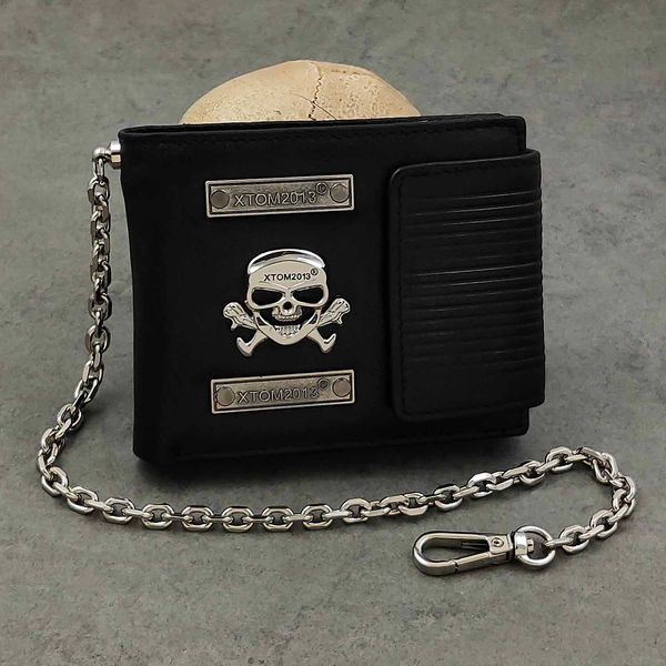 

men's leather wallet purse punk biker skull with chain, Red;black