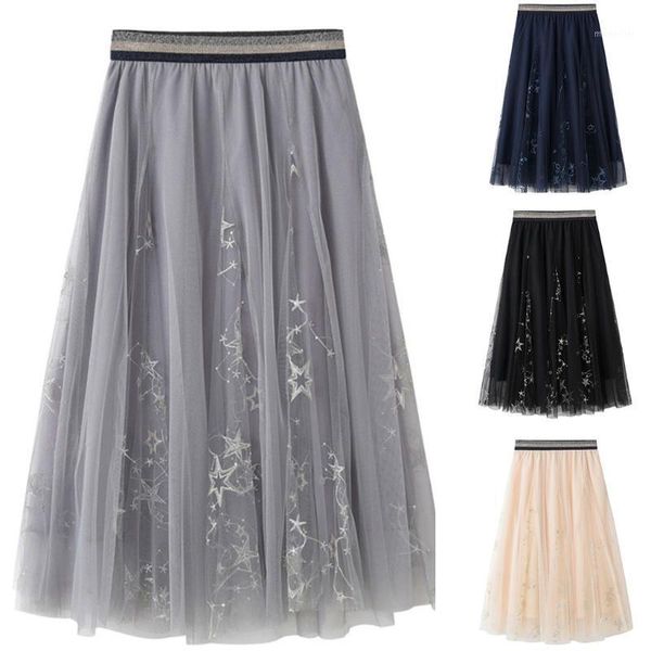 

skirts womens spring summer 2021  skirt three-dimensional embroidery leaf mesh yarn ladies midi, Black