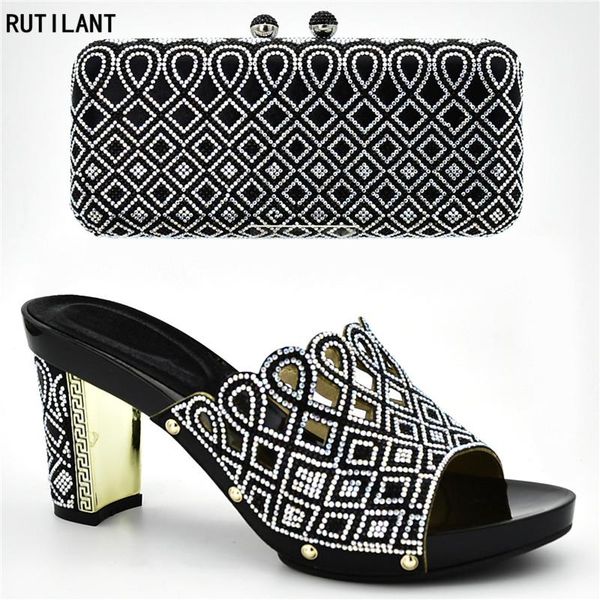 

latest african wedding shoes and bag set decorated with rhinestone women in italy luxury designers dress, Black