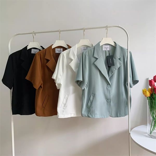 

korean chic ol formal suits coat women blazer short sleeve jacket summer fake pocket ladies 210601, White;black