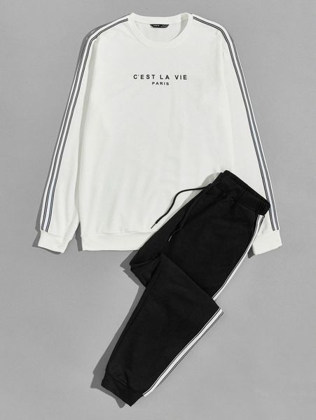 

men slogan graphic striped tape detail pullover & sweatpants set n9m2#, Gray