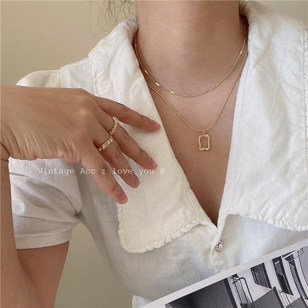 

pendant necklaces 2021 elegant fashion double layer retro gold color geometric necklace design collar chain for women aesthetic jewelry, Silver
