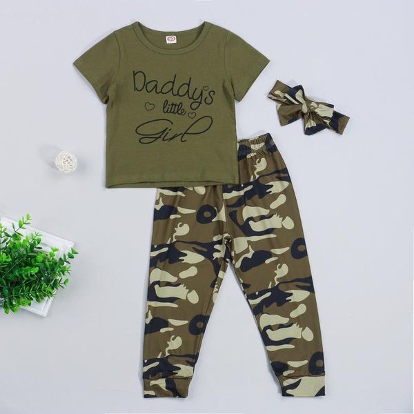 

clothing sets 2021 3pcs kids summer tracksuit, girls letters print short sleeves t-shirt + camouflage casual pants hairband, 2-7 years, White