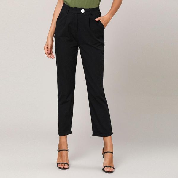 

women's pants & capris autumn solid color button pocket slacks straight trousers wide leg, Black;white