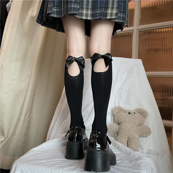 

socks & hosiery lolita bowknot stockings women hole long jk thigh high knee femme black white velvet sock elastic calcetines