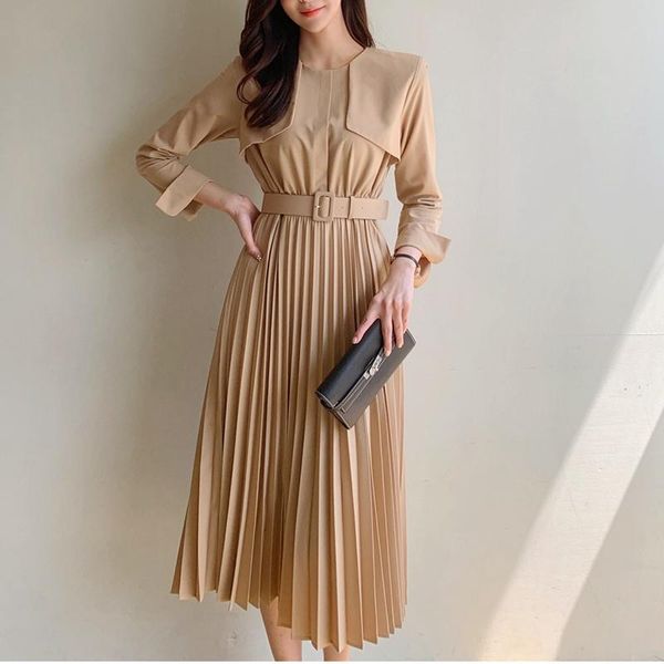 

casual dresses 2021 autumn vintage o-neck long sleeve belted women slim waist office ladies pleated dress female a-line vestidos, Black;gray