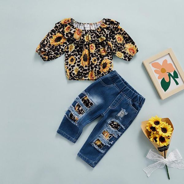 Set di abbigliamento FOCUSNORM 0-3Y Vestiti estivi per neonate 2 pezzi Girasoli T-shirt a maniche corte stampate leopardate Pantaloni in denim