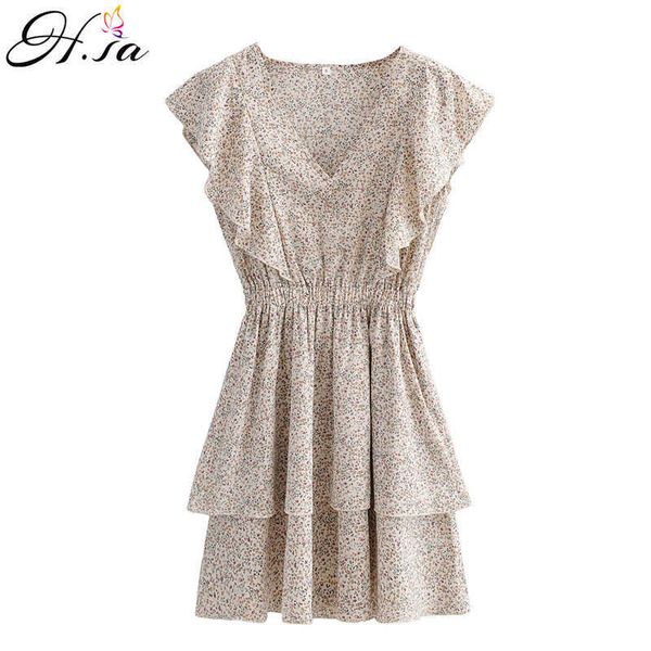 

h.sa women ruffles summer dresses sleeveless elastic high waist floral pleated vestidos cascading ruffles mini dress robe 210716, Black;gray