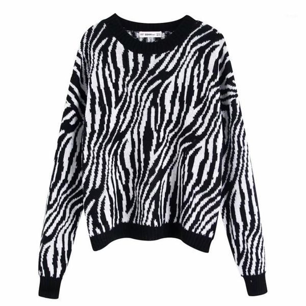 

women's sweaters 2021 women basic o neck zebra striped pattern knitting sweater autumn long sleeve casual loose pullovers chic leisure, White;black