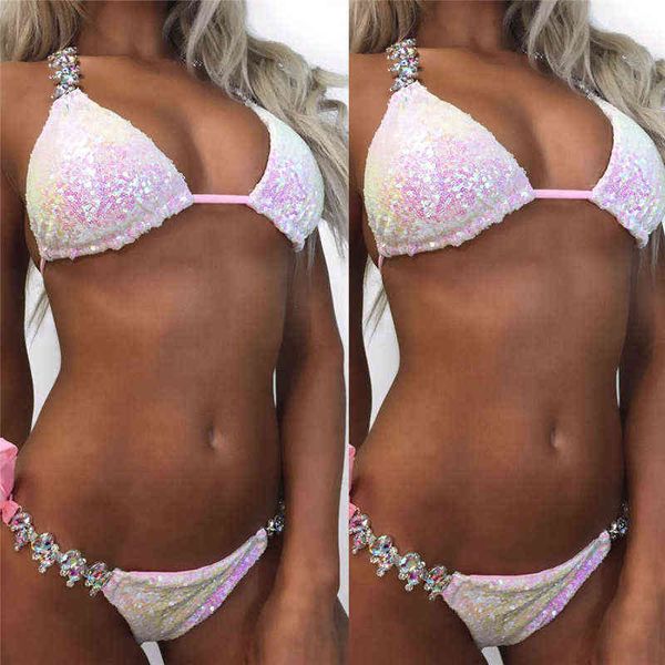 

summer fashion sequined rhinestone gradient pink swimsuit ladies diamond bikini set bathing suit swimwear straps swimsuits, White;black