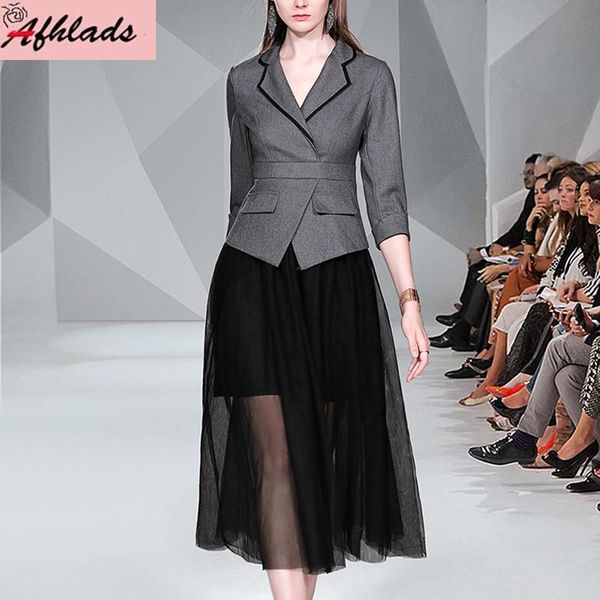 

casual dresses spring and autumn women's notched collar stitching mesh fake two pieces dress office lady long sleeve vestidos, Black;gray