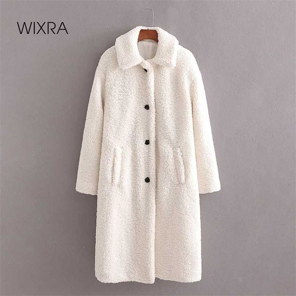 Wixra Womens White Coat Ladies Monopetto Lungo Capispalla Tasche Giacca Solido Lana di Agnello Soprabito Inverno Primavera 211018