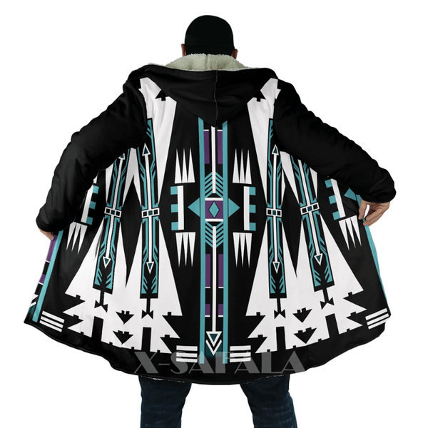 

men's wool & blends viking totem crow eagle all over 3d printed thick warm hooded cloak for men windproof fleece casual-4, Black