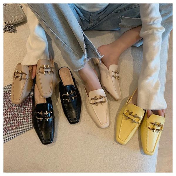 

slippers closed toe mules shoes women flat heel brand metal buckle slip on slides casual loafers fashion zapatillas mujer, Black