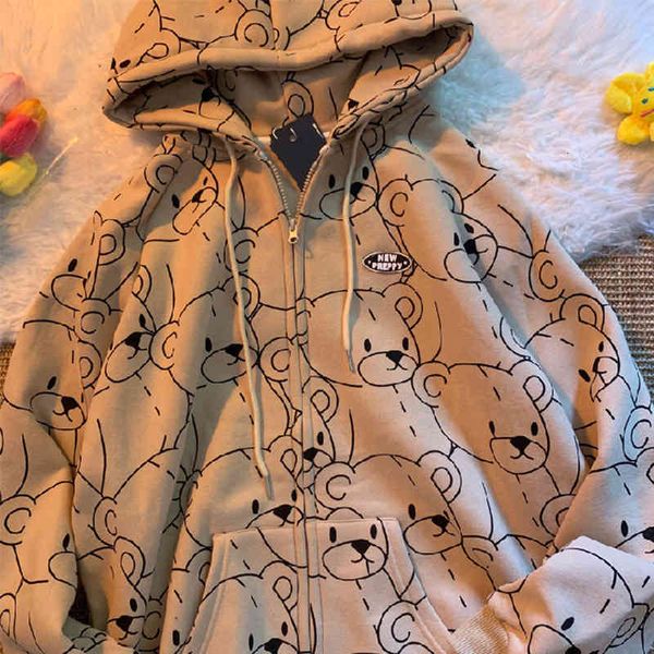 

women hoodie vintage long sleeve sweetshirt clothes 2021 fashion zip up cute bear s autumn winter coat loose harajuku top, Black