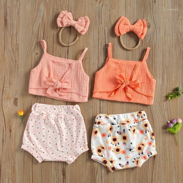 

girl's three piece set infant's lace up halter flower printing elastic shorts bow tie hair band clothing sets, White