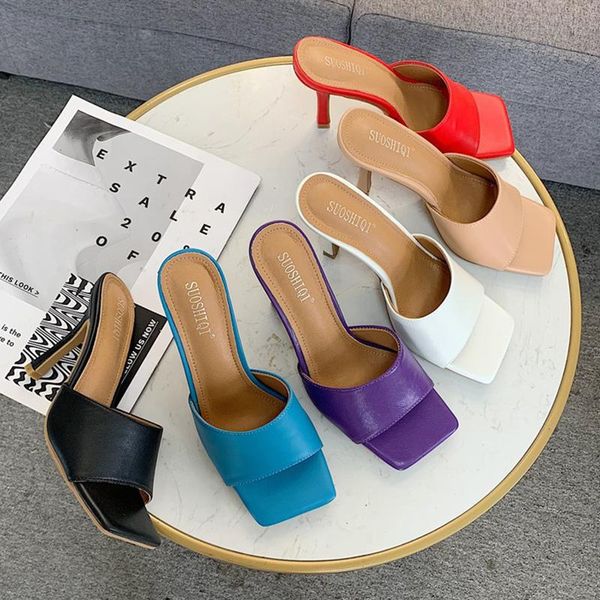 

dress shoes women slippers pumps high heels sandals summer 2021 fashion square toe peep classic sandal slides, Black