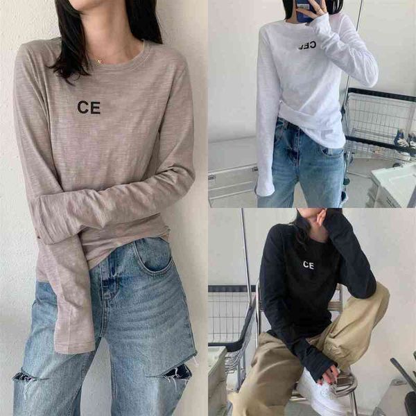 

2022 factory wholesale new 21s spring summer ce base coat round neck coffee color trend literature and art long sleeve t-shirt women's, White