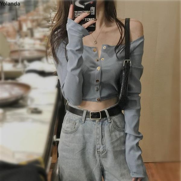 

women's t-shirt hong kong style slim long sleeve short straight neck off shoulder cardigan fashion harajuku tide, White