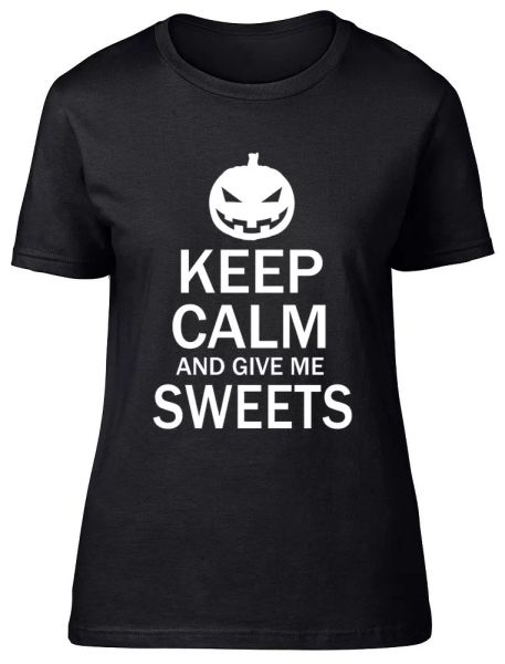 

keep calm and give me sweets halloween womens ladies fitted t-shirt, White;black