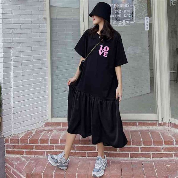 

summer dress korean short sleeve long dress vestidos robe elbise loose patchwork hem woman, Black;gray