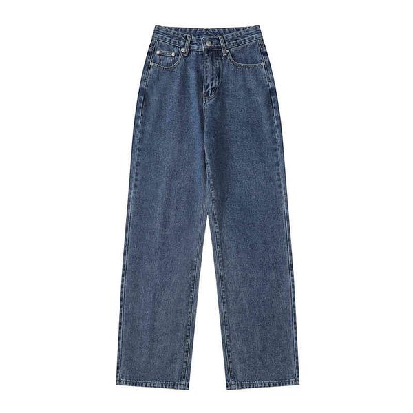 

2021 women high waist long jeans pockets zipper female denim trousers spring vintage simple casual loose wide leg pants, Blue