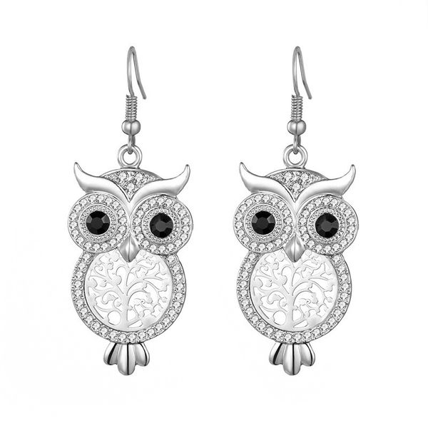 

designs exquisite luxury crystal animal big eye owl earrings long hooks hollow tree dangle earring for women lovely party charm jewelry, Silver